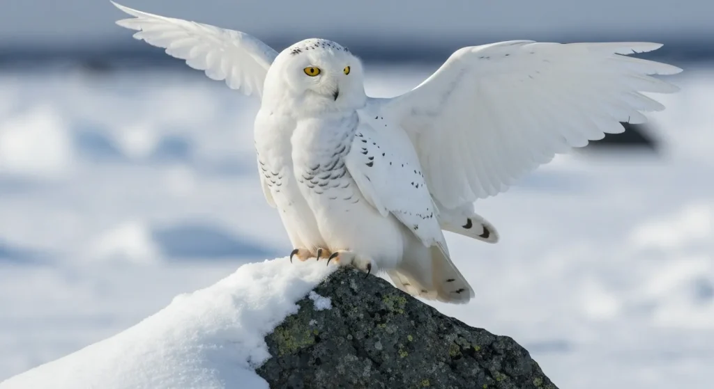 O bufniță de zăpadă albă, cu ochii galbeni, stă pe o stâncă într-un peisaj arctic.