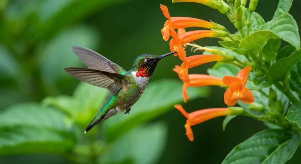 Un colibri minuscul, viu colorat, planează lângă o floare tubulară.