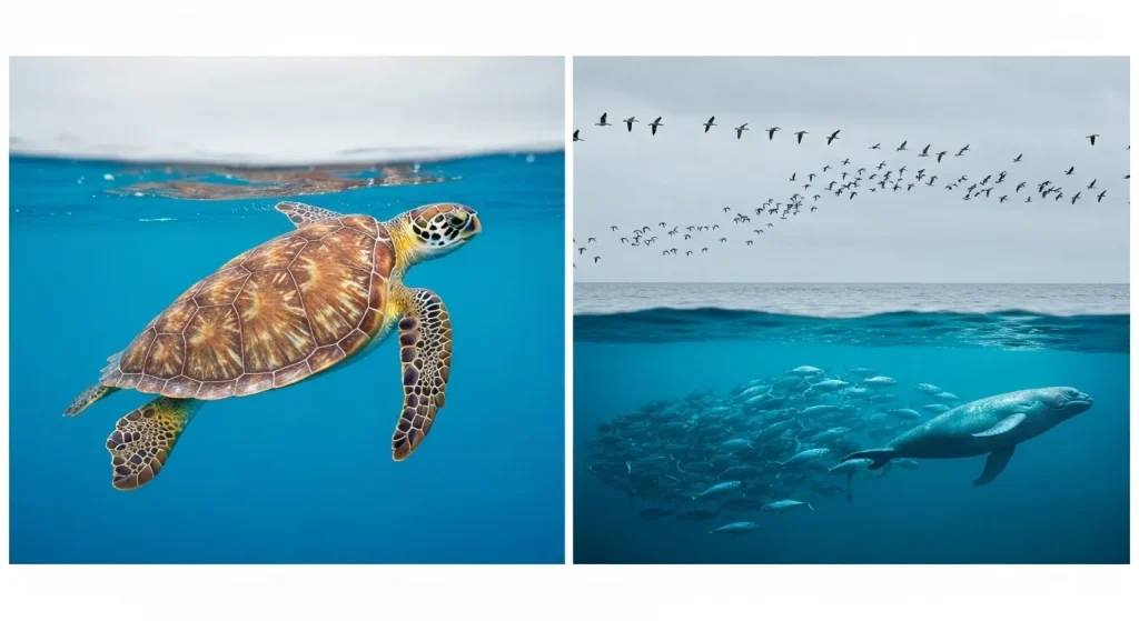 O broască țestoasă de mare înoată în ocean, cu o plajă vizibilă în depărtare.