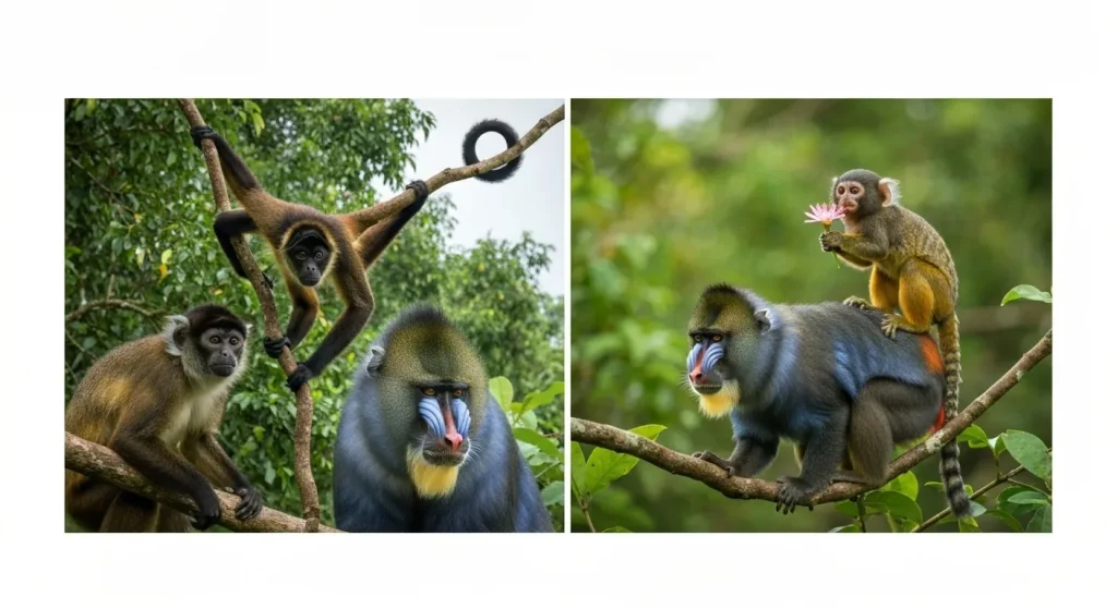 Maimuțe diverse, inclusiv maimuță păianjen, mandril și marmoset pitic, în mediile lor naturale.