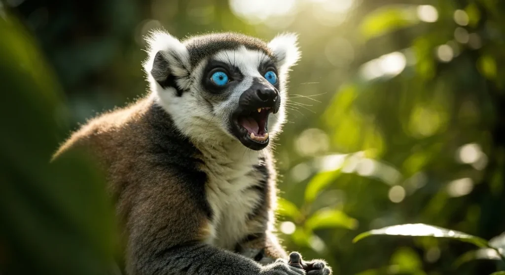 Lemur cu ochi albaștri cântând într-o pădure tropicală.
