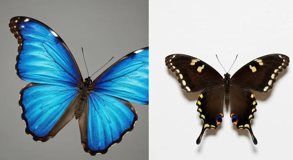 Un fluture morpho albastru cu aripi iridescente, detalii complexe ale aripilor și o imagine clară a culorilor vibrante.