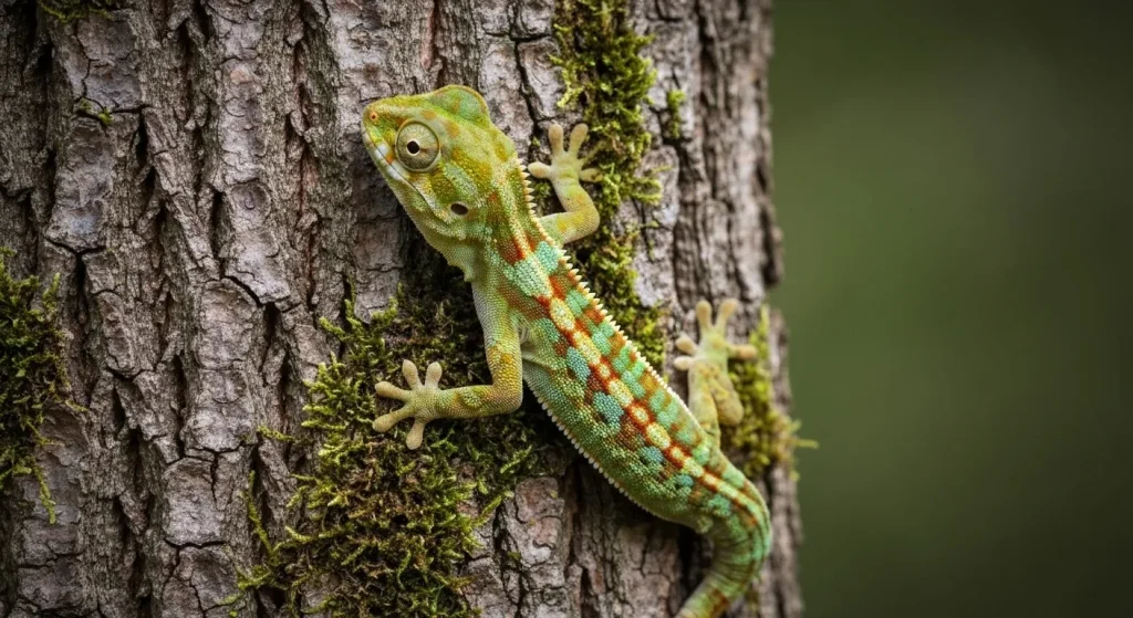 Un cameleon, un gecko cu coadă de frunză muschioasă, o vulpe arctică și o sepie, ilustrând abilitățile lor remarcabile de camuflaj.