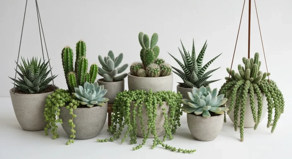 Diverse plante suculente și cactuși, aranjate într-o compoziție estetică, expunând forme și texturi variate.