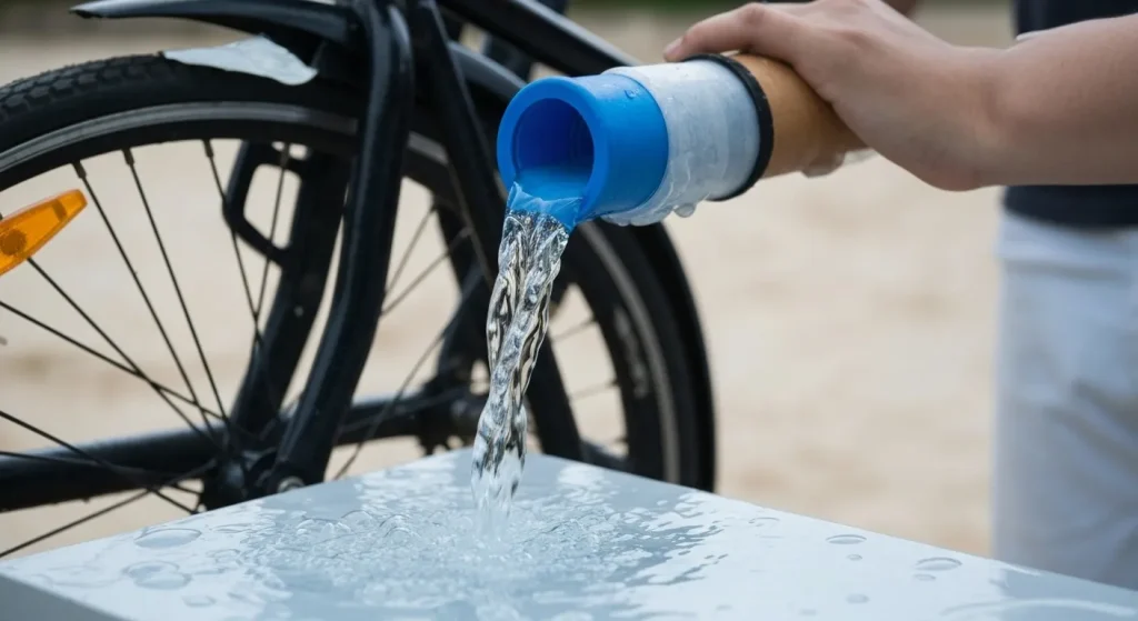 O bicicletă cu un sistem de purificare a apei atașat, pompand apă într-un recipient.