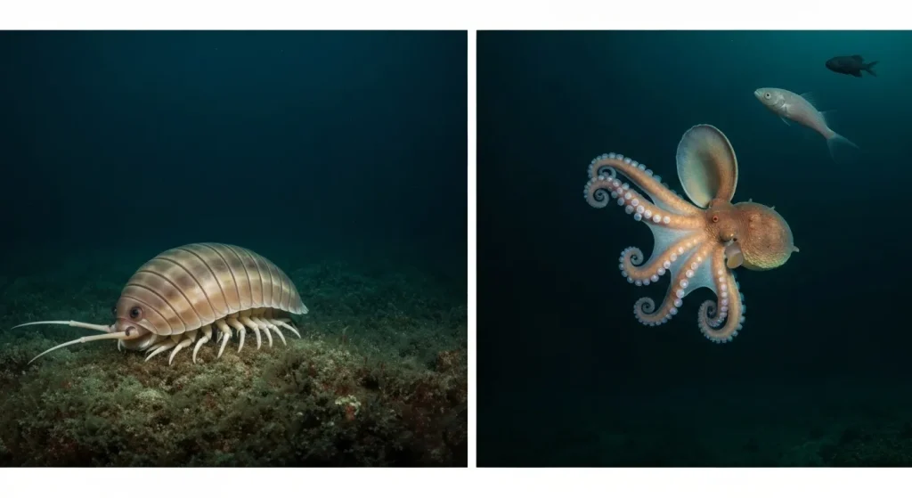 Creaturi marine bizare din adâncurile oceanului, inclusiv un isopod gigant, o caracatiță Dumbo și un pește fără față.