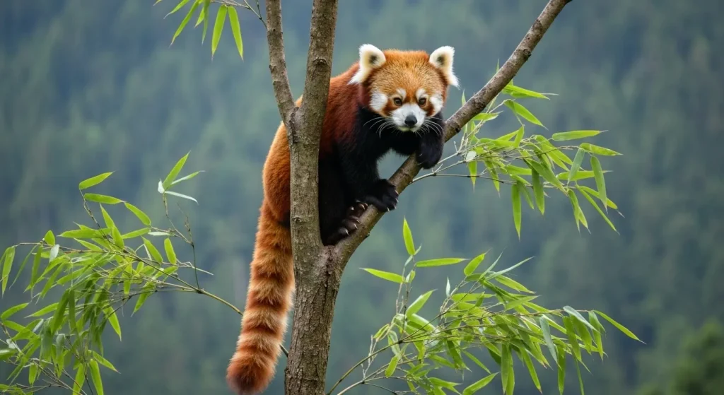 Un panda roșu agățat de o ramură de bambus într-un copac, cu coada inelată vizibilă.