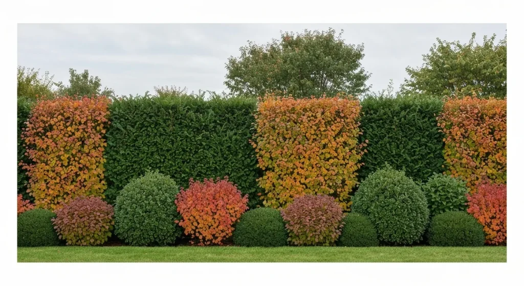 Un gard viu dens format din diverse plante native, inclusiv arbuști veșnic verzi și foioși, cu înălțime variabilă.
