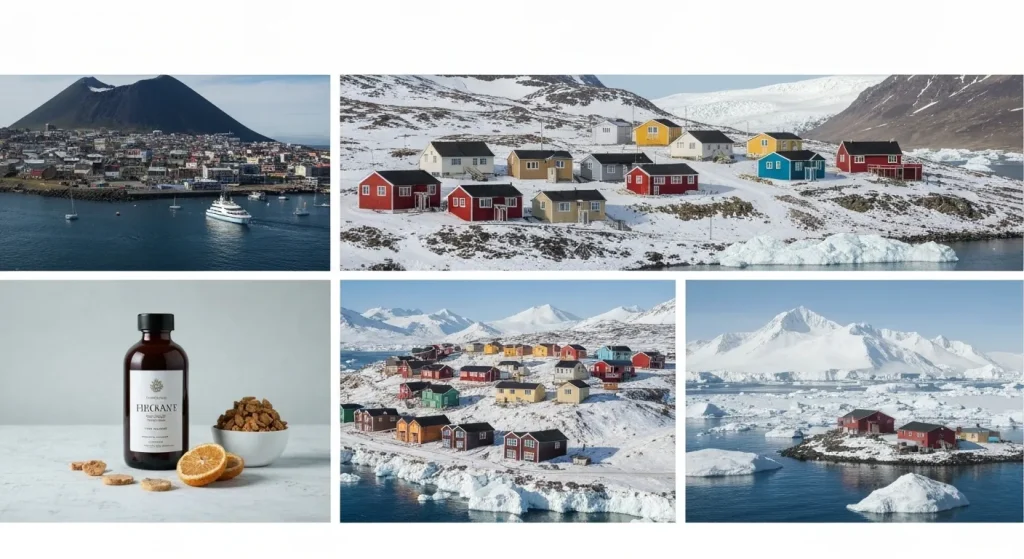 O așezare izolată, cu case colorate, situată într-un peisaj arctic cu zăpadă și gheață.