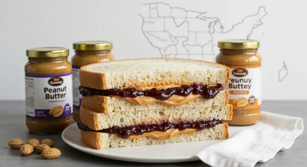 Un sandwich enorm cu unt de arahide și gem, alături de borcane cu unt de arahide cremos și crocant.