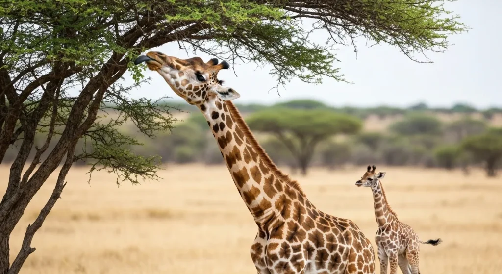 O girafă cu gâtul lung, ajungând la frunzele unui copac de acacia, cu limba sa prehensilă, de culoare albastru-închis.
