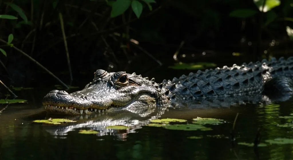 Un aligator american mare, parțial scufundat în apă tulbure, cu gura ușor deschisă, într-un mediu mlăștinos cu vegetație deasă.