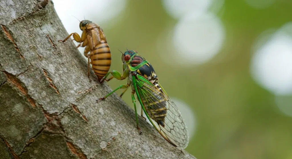 O cicadă verde cu aripi transparente, ochii roșii și exuvia sa lângă ea, pe o creangă de copac.