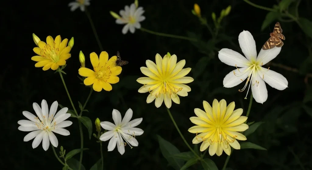 Grădină de noapte cu diverse flori care înfloresc seara, iluminate de lună.
