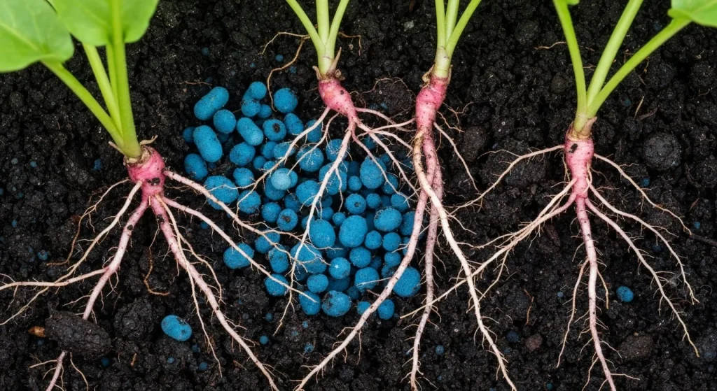 O imagine care prezintă diverse organisme microscopice într-un sol sănătos, cu rădăcini de plante și o textură bogată.