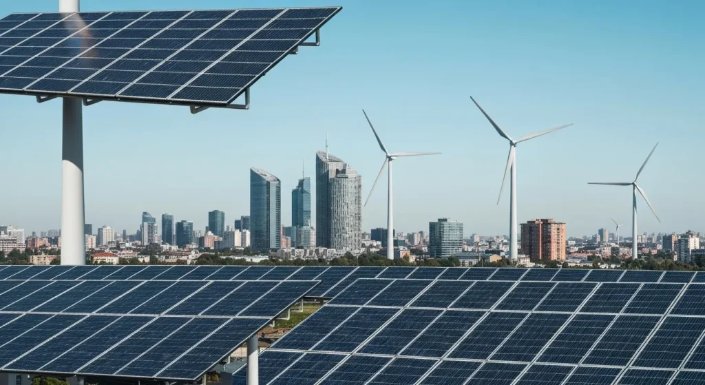 Orașul Copenhaga, Danemarca, cu clădiri moderne și panouri solare pe acoperișuri.
