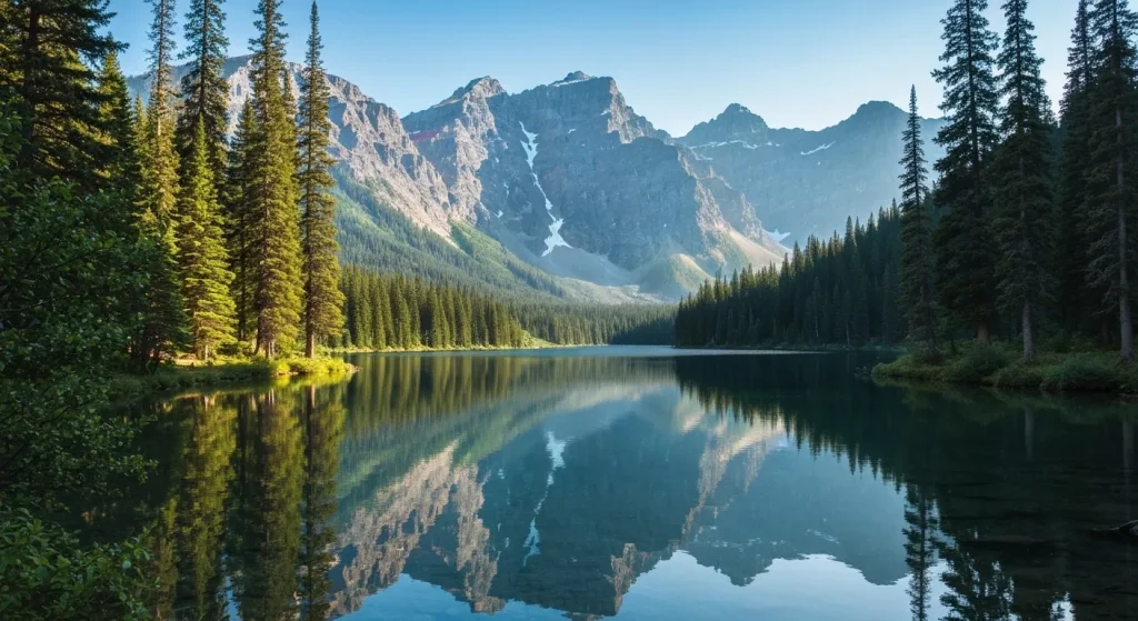 Peisaj montan spectaculos într-o pădure națională, cu un lac limpede reflectând munții.