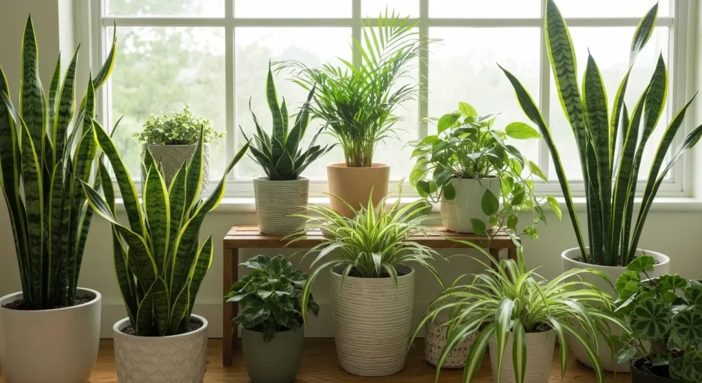 O varietate de plante de interior rezistente, inclusiv plante suculente, palmieri și plante cu frunze verzi, aranjate într-o scenă interioară.