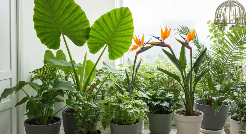 Plante tropicale diverse, cu frunze mari și flori colorate, așezate în ghivece într-o încăpere luminoasă.