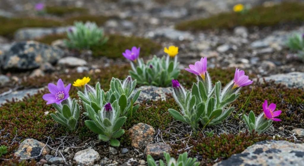 Plante mici, cu flori colorate, cresc aproape de sol într-un peisaj arctic stâncos.