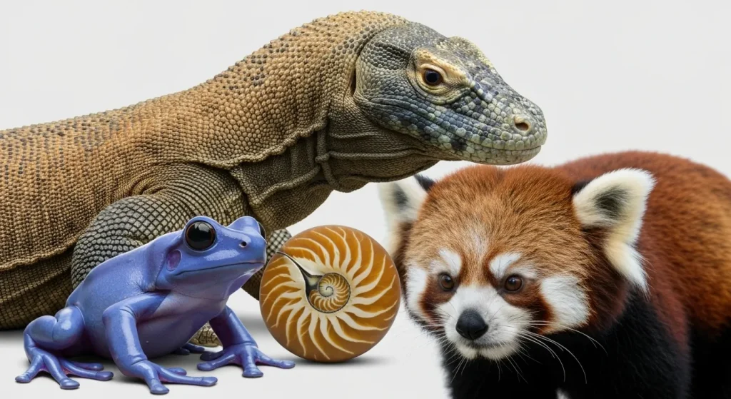 Un dragon Komodo, o cochilie de nautilus, o broască purpurie și un panda roșu, exemplificând specii considerate fosile vii.