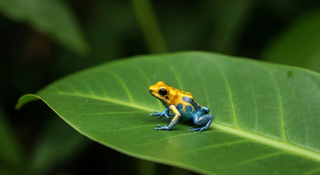 Broască otrăvitoare colorată pe o frunză verde în pădure tropicală.