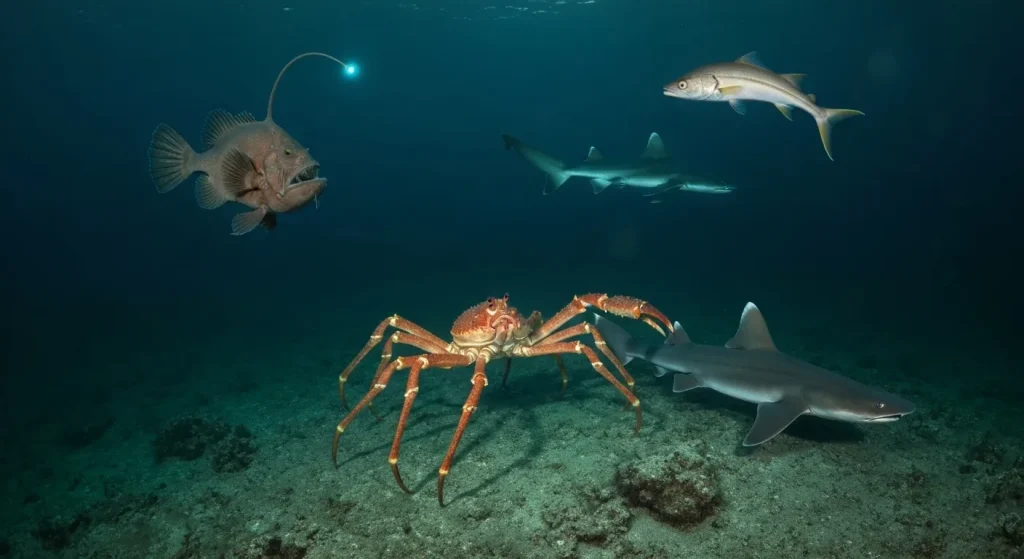 Pești și creaturi marine adânc-oceanice, inclusiv un pește-pescar, un crab-păianjen uriaș și un rechin cu șase branhii.