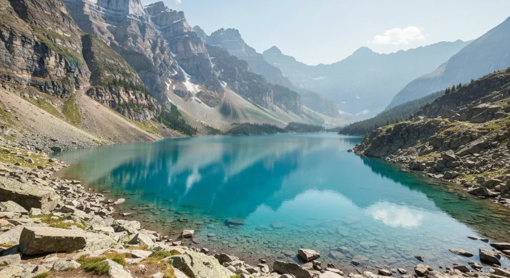 Un lac adânc, înconjurat de munți stâncoși, cu ape limpezi și o coastă dramatică.