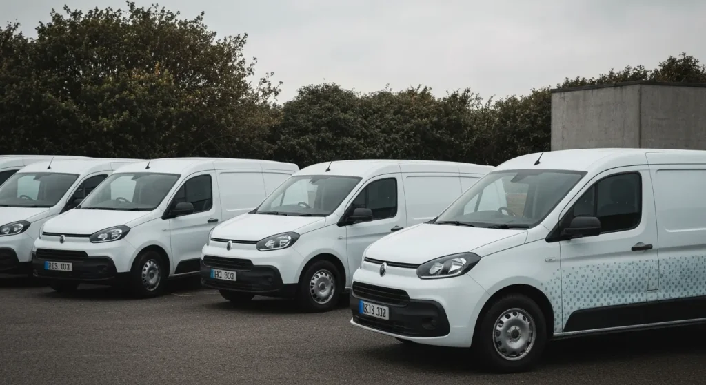 O flotă de furgonete electrice moderne, parcate într-un spațiu urban.