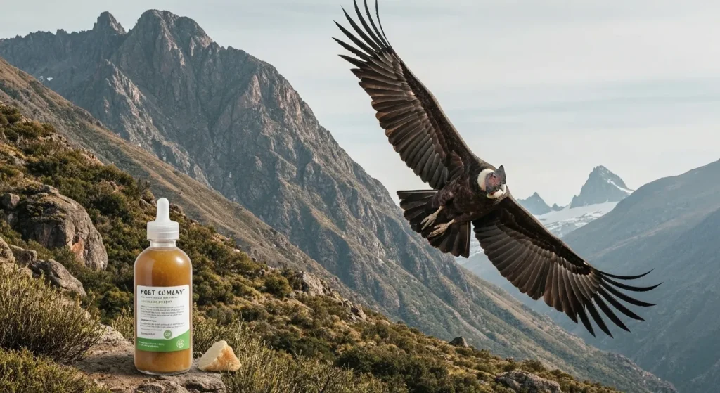 Un condor andin zburând deasupra unui peisaj montan accidentat.