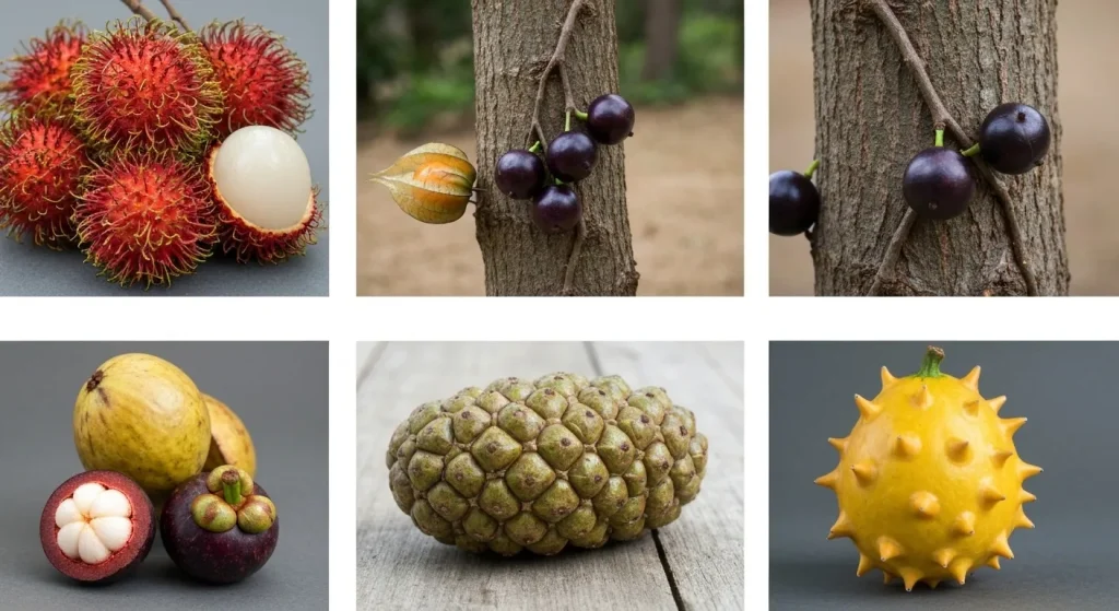 O varietate de fructe exotice, inclusiv rambutan, physalis, jabuticaba și castravete african cornut, aranjate pentru a evidenția culorile și texturile lor vibrante.