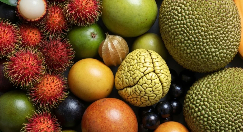 O varietate de fructe exotice, inclusiv rambutan, physalis, jabuticaba și jackfruit, prezentate cu detalii vizuale ale texturii și culorii.