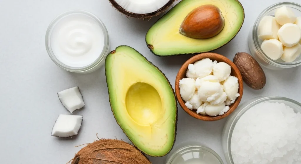 Diverse ingrediente naturale, precum avocado, unt de shea și ulei de cocos, aranjate estetic pentru a evidenția utilizarea lor ca hidratante naturale.