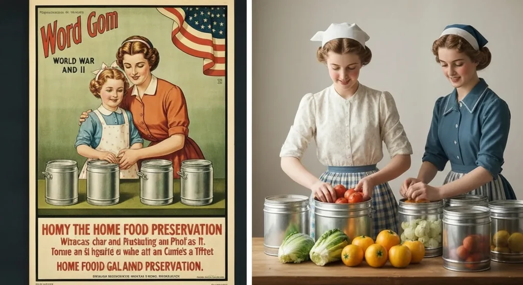 Un colaj de postere de propagandă din Primul și Al Doilea Război Mondial care promovează conservarea alimentelor de către gospodării.