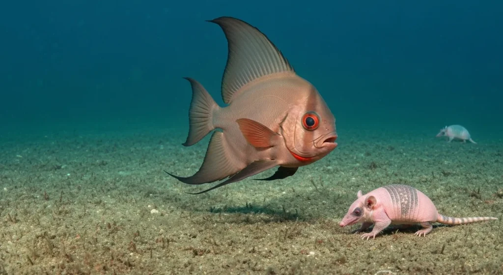 Un pește liliac cu buze roșii, un crab păianjen japonez gigantic, un lemur aye-aye și un armadillo roz de dimensiuni mici.