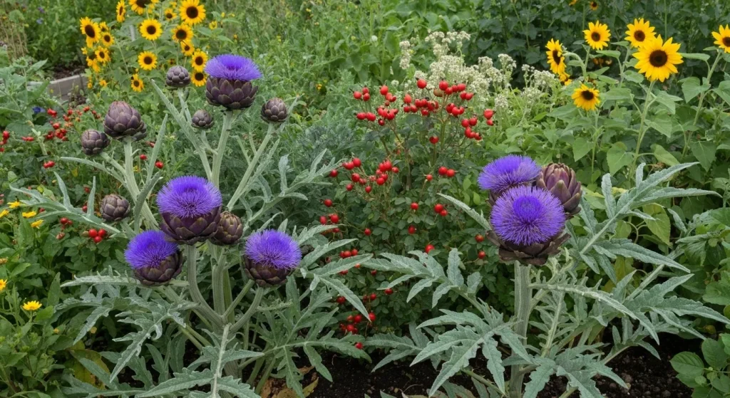 Grădină cu plante comestibile diverse, inclusiv flori de floarea-soarelui, arbuști cu fructe de pădure și legume cu flori colorate.