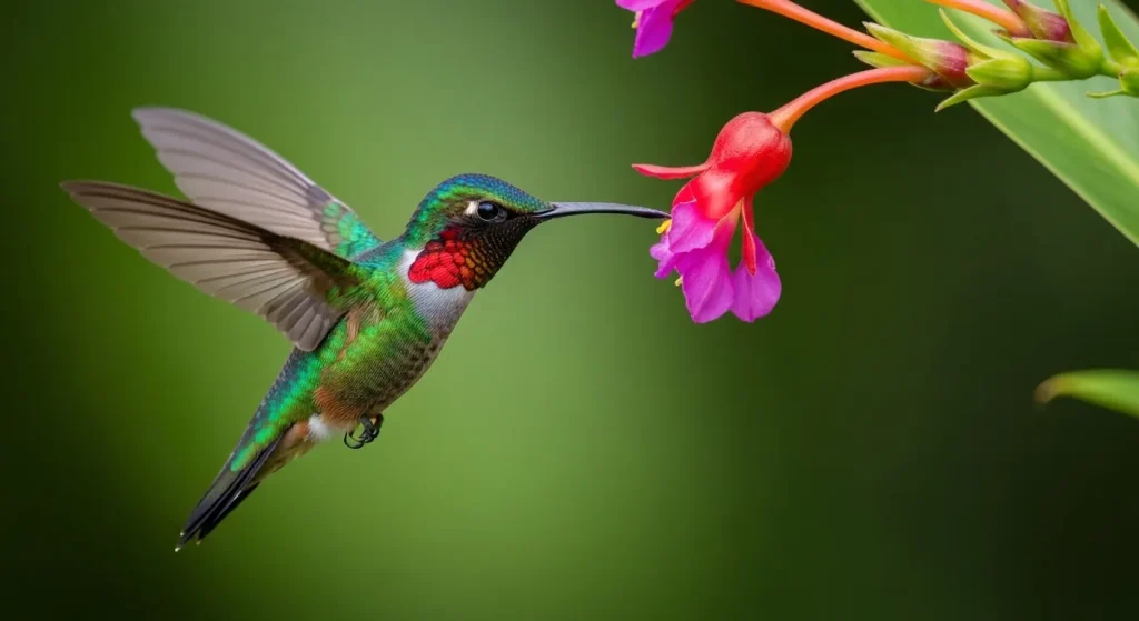 Un colibri colorat, cu penaj irizat, se hrănește dintr-o floare.
