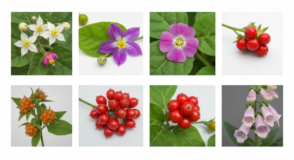 Imagini cu diverse plante otrăvitoare, evidențiind aspectul lor vizual atractiv, dar toxic.
