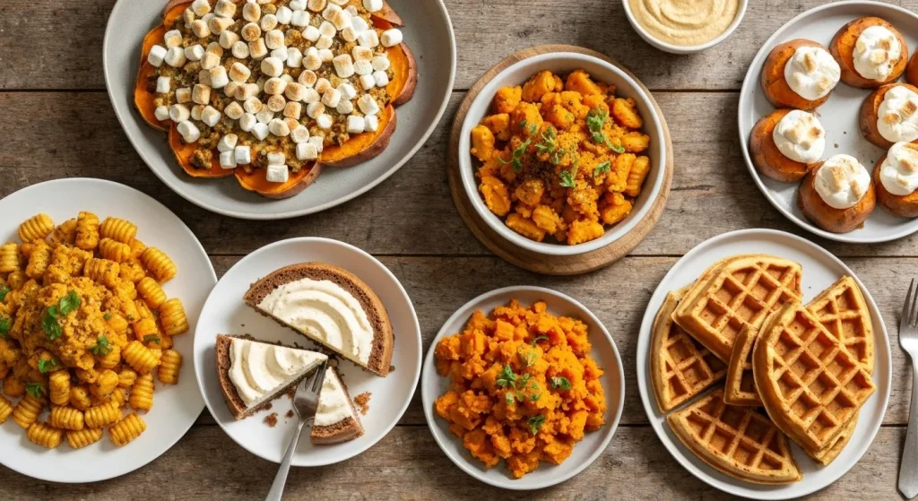O varietate de preparate culinare cu cartofi dulci, inclusiv deserturi și feluri principale, prezentate pe farfurii.
