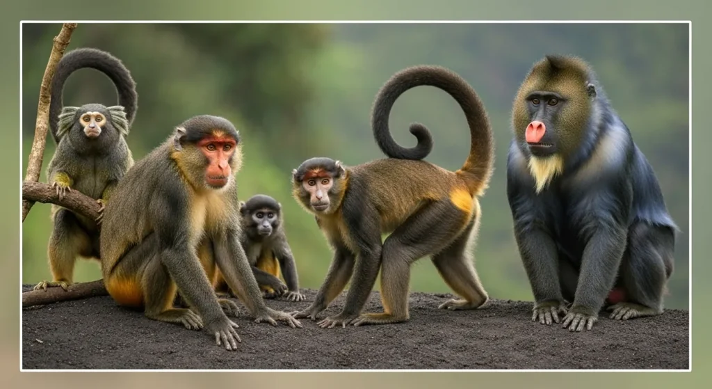 Diverse specii de maimuțe, prezentând culori vii și trăsături faciale distinctive, în habitatele lor naturale.