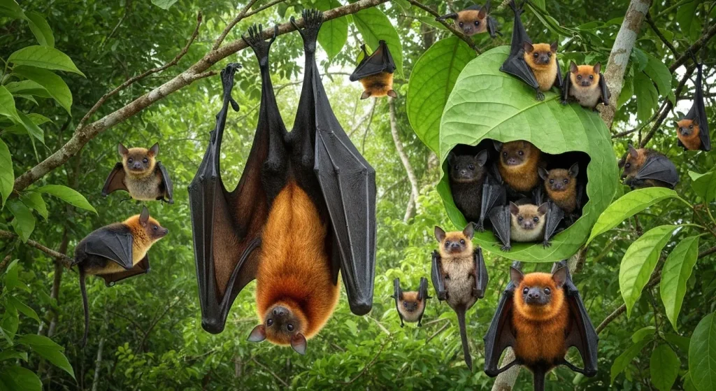 Un grup de lilieci de diferite dimensiuni și culori, unii atârnați cu capul în jos într-un copac tropical.