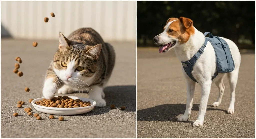 Un câine și o pisică se joacă cu jucării interactive și echipament pentru animale de companie, stimulându-le activitatea fizică.