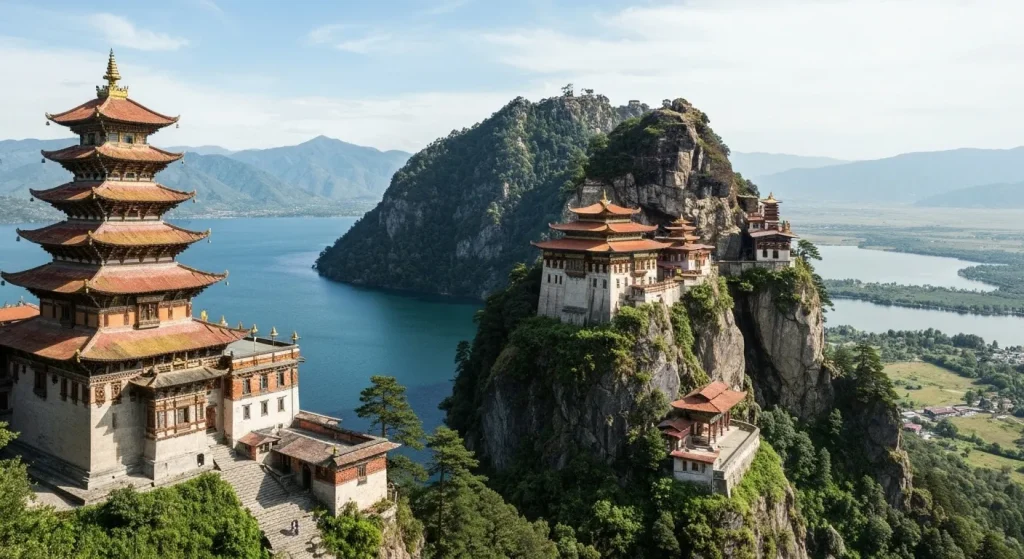 Imagini diverse cu temple, mănăstiri și situri spirituale din întreaga lume, amplasate în peisaje naturale impresionante.