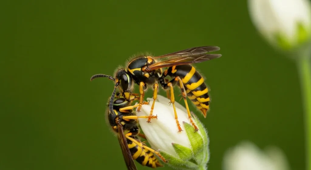 O viespe pe o floare, cu alte insecte mici în fundal.