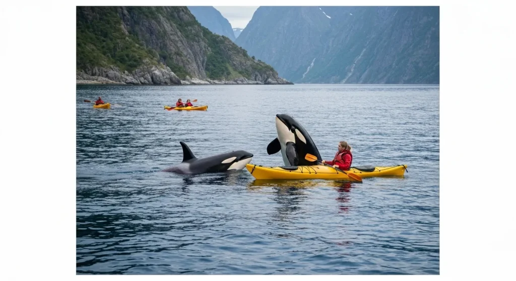 Două orci jucându-se cu kayaciști într-un fiord norvegian.