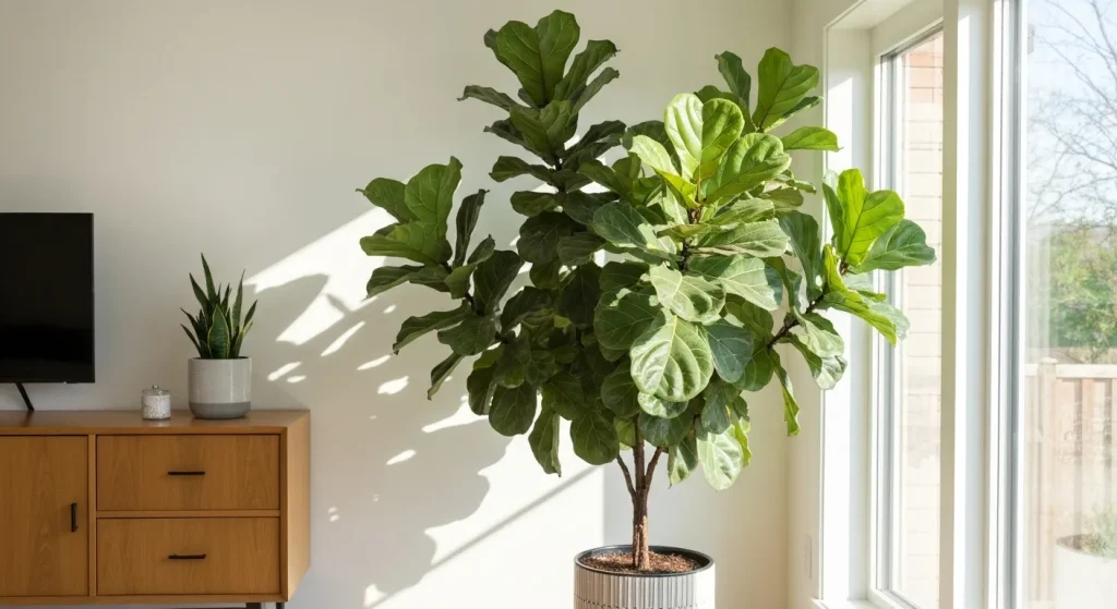 Un ficus lyrata mare, cu frunze mari lucioase, într-un ghiveci, într-o cameră luminoasă.