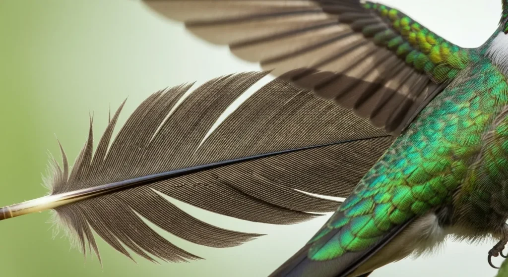 Un colibri cu penaj iridescent, evidențiind detaliile fine ale structurii penei.