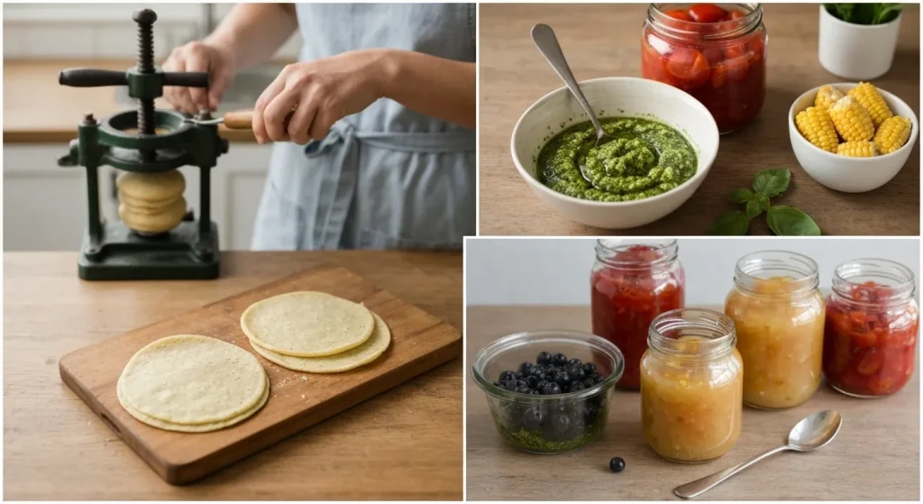 Diverse alimente preparate de casă, aranjate într-o scenă de bucătărie, inclusiv borcane cu conserve, tortilla proaspătă și ingrediente proaspete.