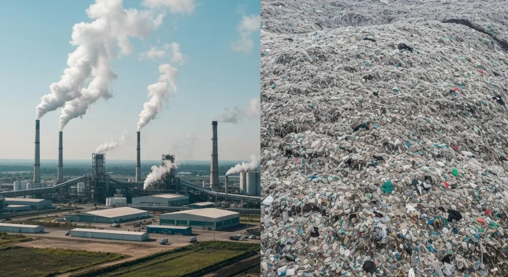 O imagine care prezintă fabrici petrochimice mari alături de munți de deșeuri plastice.