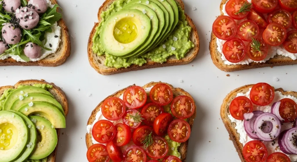 Pâine prăjită cu diferite toppinguri, inclusiv avocado, roșii, hummus și diverse fructe.